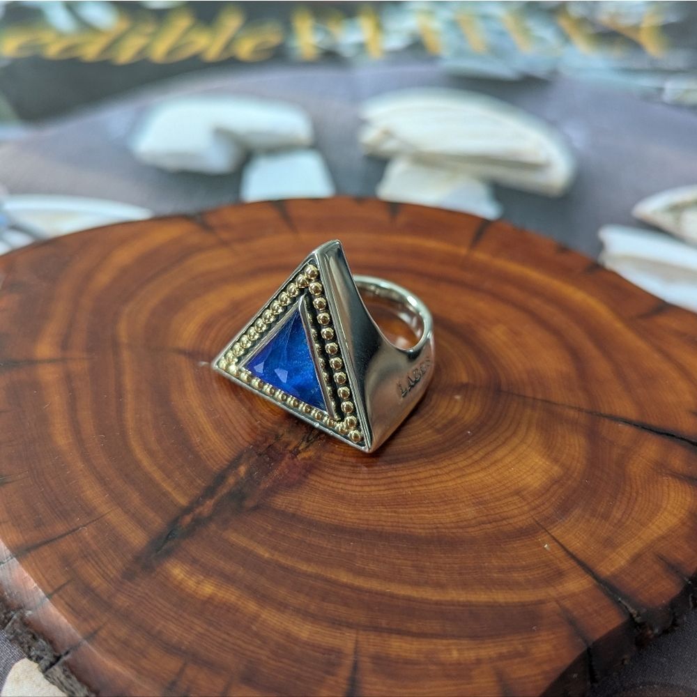 Lagos Sterling Silver 18k Gold Lapis Blue Triangle Beaded Treasure Chest Ring